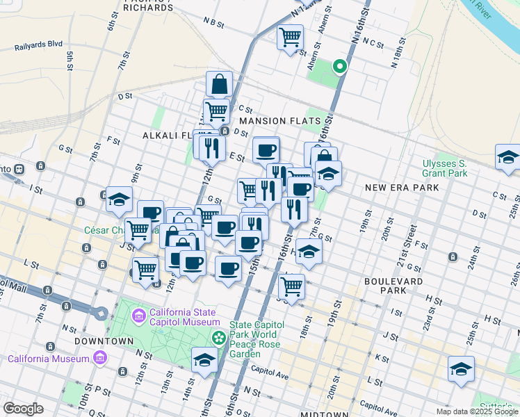 map of restaurants, bars, coffee shops, grocery stores, and more near 1322 F Street in Sacramento