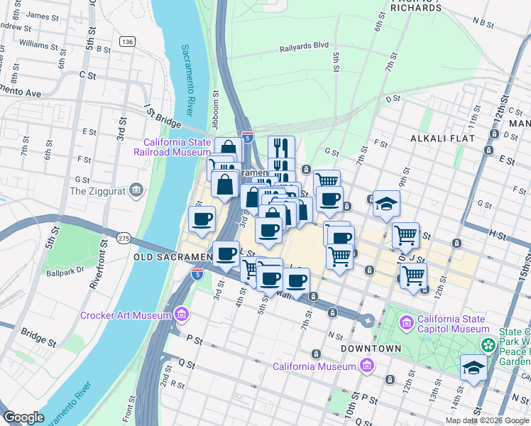 map of restaurants, bars, coffee shops, grocery stores, and more near 333 J Street in Sacramento