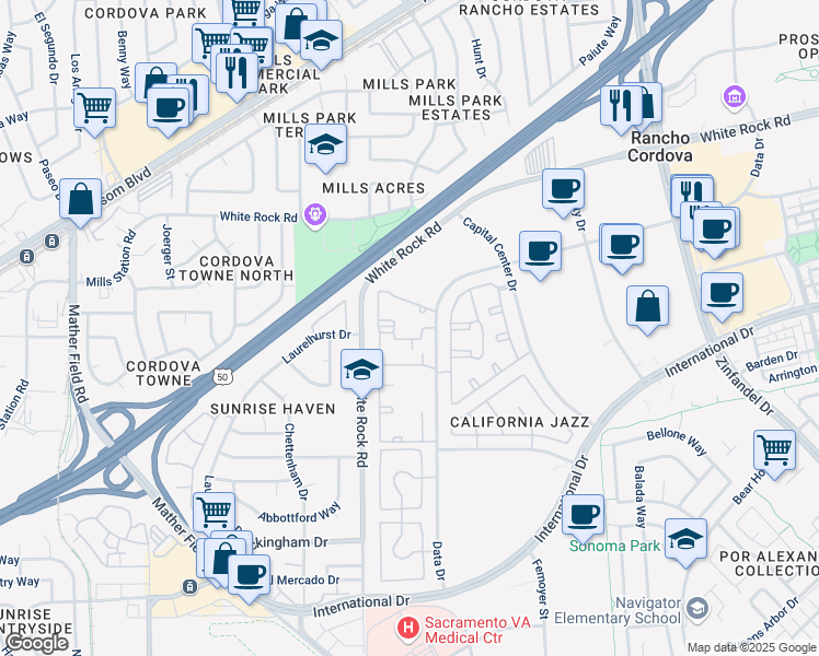 map of restaurants, bars, coffee shops, grocery stores, and more near 3466 Data Drive in Rancho Cordova