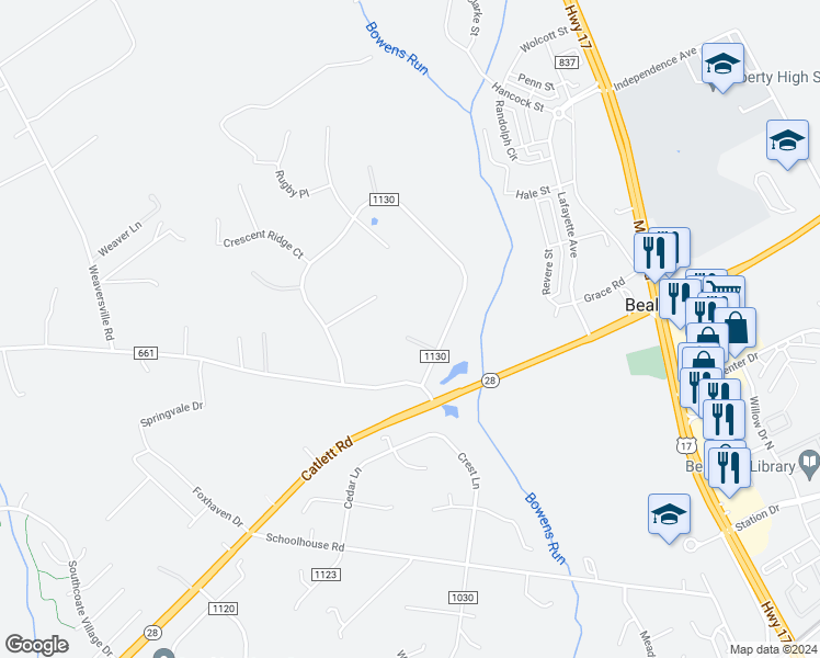 map of restaurants, bars, coffee shops, grocery stores, and more near 6642 Brookside Court in Bealeton