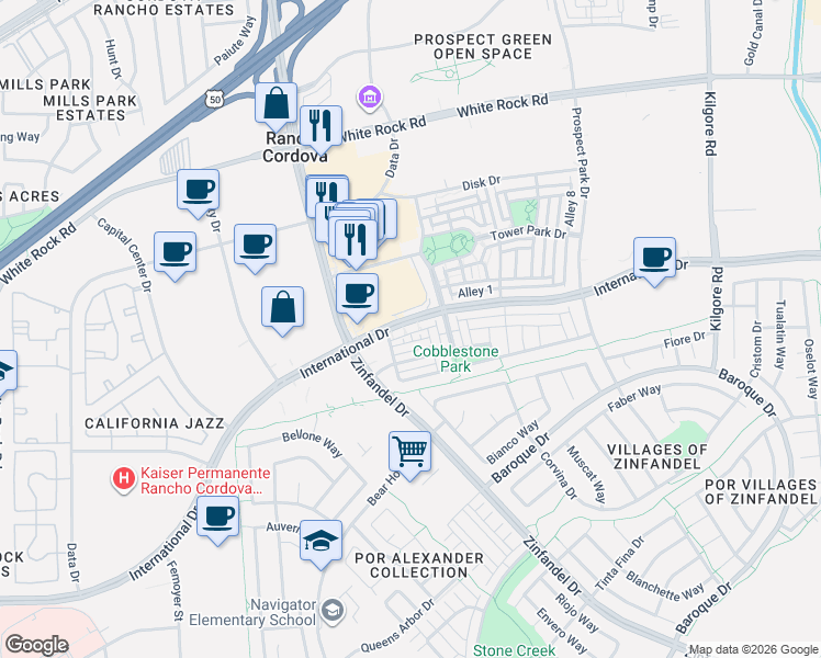 map of restaurants, bars, coffee shops, grocery stores, and more near 3251 Zinfandel Drive in Rancho Cordova