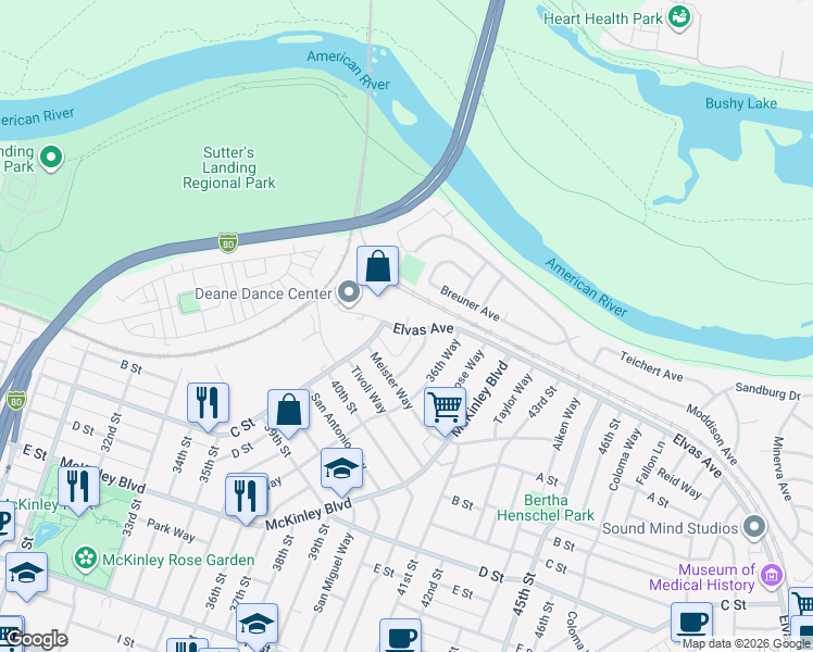 map of restaurants, bars, coffee shops, grocery stores, and more near 151 Fern Court in Sacramento