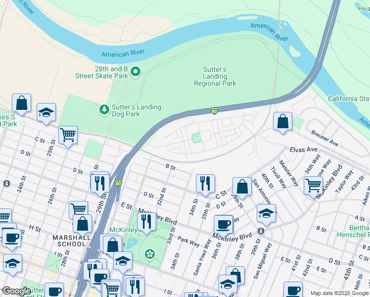 map of restaurants, bars, coffee shops, grocery stores, and more near 3227 McKinley Village Way in Sacramento