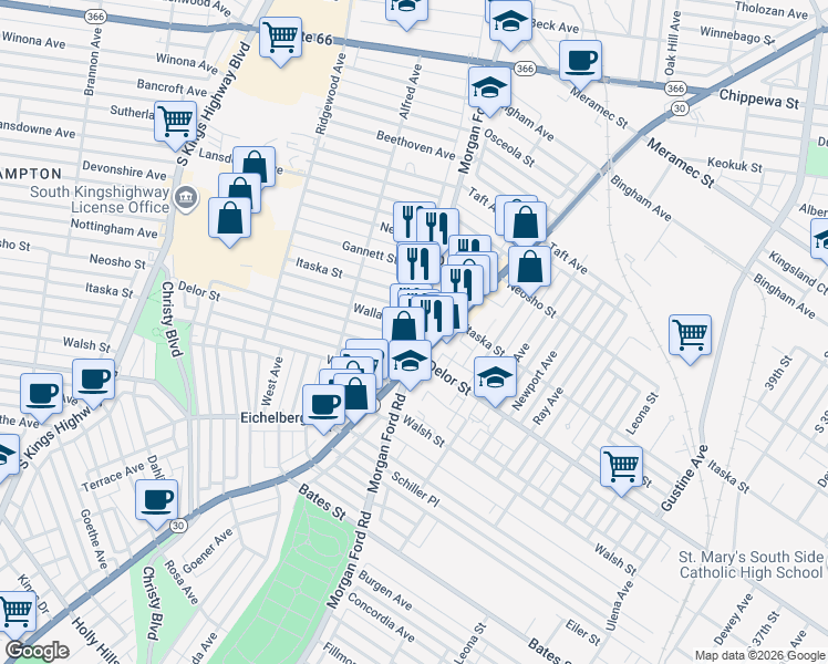 map of restaurants, bars, coffee shops, grocery stores, and more near 4711 Morgan Ford Road in St. Louis
