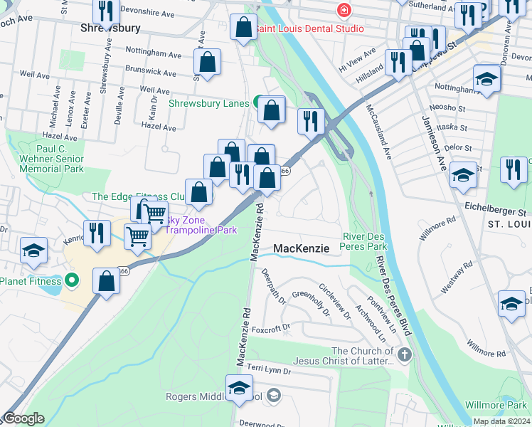 map of restaurants, bars, coffee shops, grocery stores, and more near 7144 Villanova Plaza in St. Louis