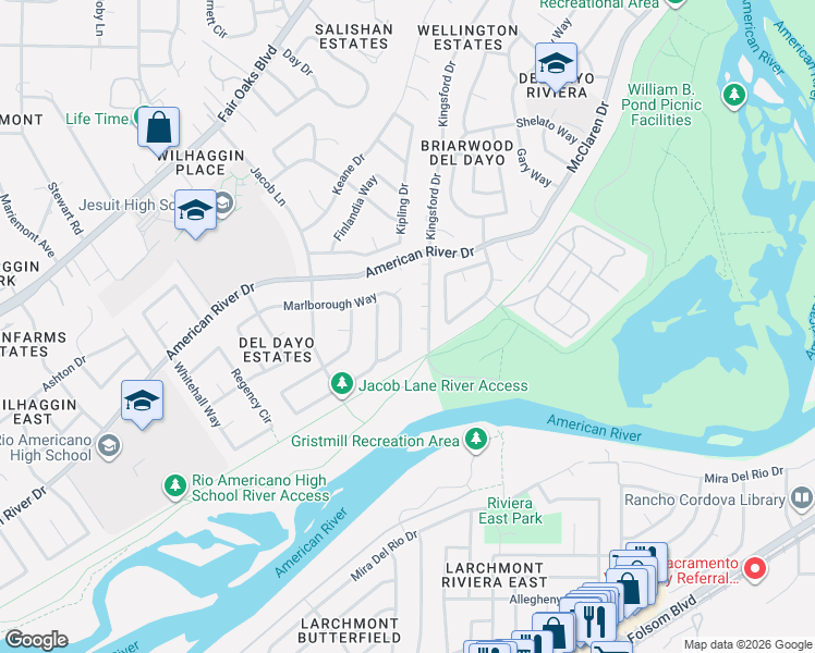 map of restaurants, bars, coffee shops, grocery stores, and more near 4943 Marlborough Way in Carmichael