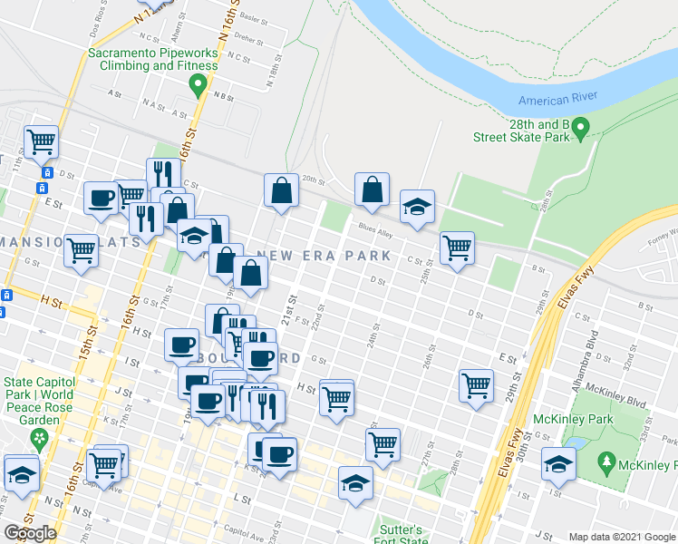 map of restaurants, bars, coffee shops, grocery stores, and more near 320 22nd Street in Sacramento