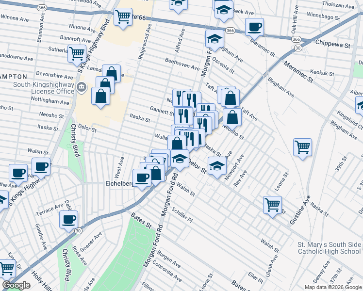 map of restaurants, bars, coffee shops, grocery stores, and more near 4711 Morgan Ford Road in St. Louis