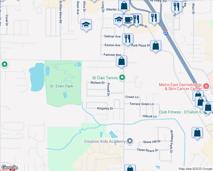 map of restaurants, bars, coffee shops, grocery stores, and more near 204 Mylaun Drive in O'Fallon