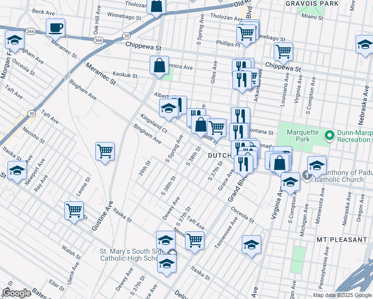 map of restaurants, bars, coffee shops, grocery stores, and more near 3824 Meramec Street in St. Louis