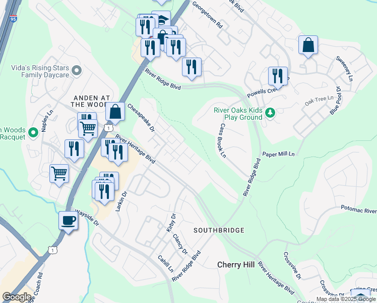map of restaurants, bars, coffee shops, grocery stores, and more near 17150 Gibson Mill Road in Dumfries