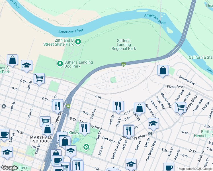 map of restaurants, bars, coffee shops, grocery stores, and more near 3227 McKinley Village Way in Sacramento