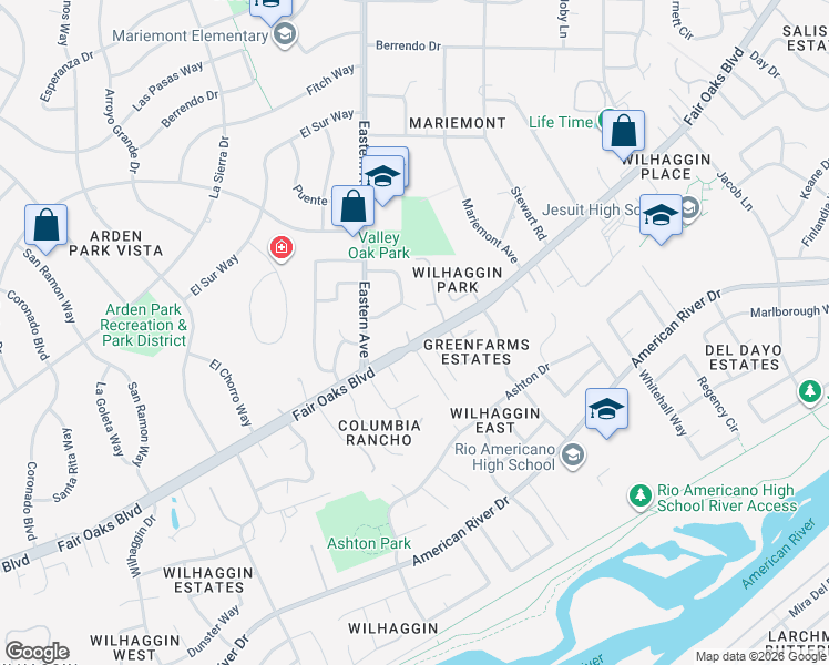 map of restaurants, bars, coffee shops, grocery stores, and more near 4349 Fair Oaks Boulevard in Sacramento