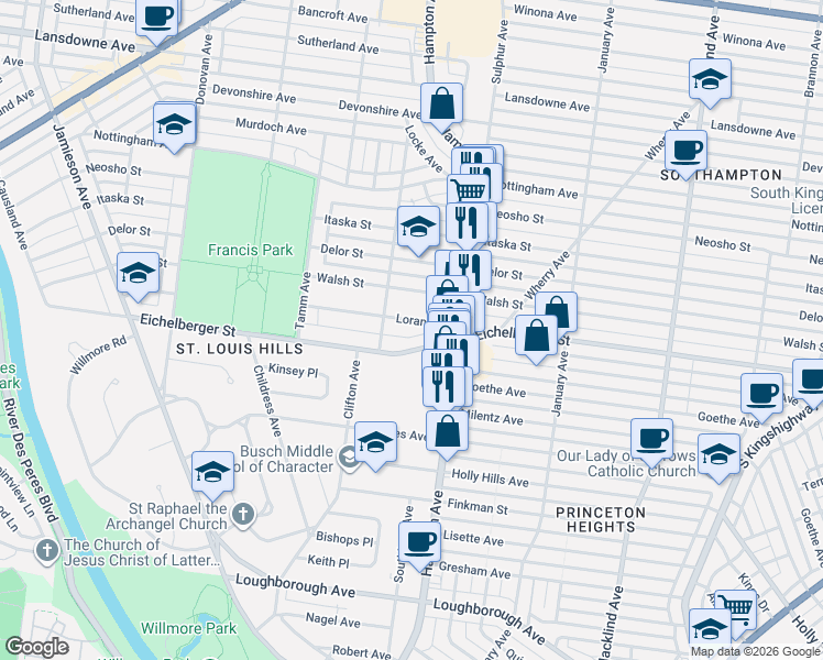 map of restaurants, bars, coffee shops, grocery stores, and more near 5865 Loran Avenue in St. Louis