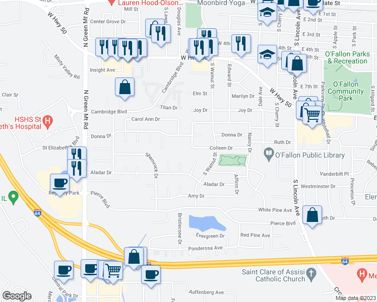 map of restaurants, bars, coffee shops, grocery stores, and more near 445 Colleen Drive in O'Fallon