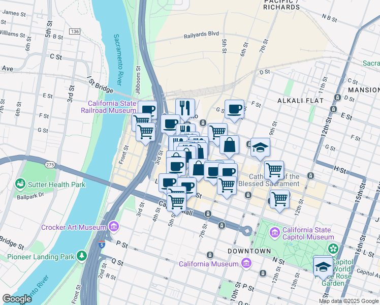 map of restaurants, bars, coffee shops, grocery stores, and more near 432 I Street in Sacramento