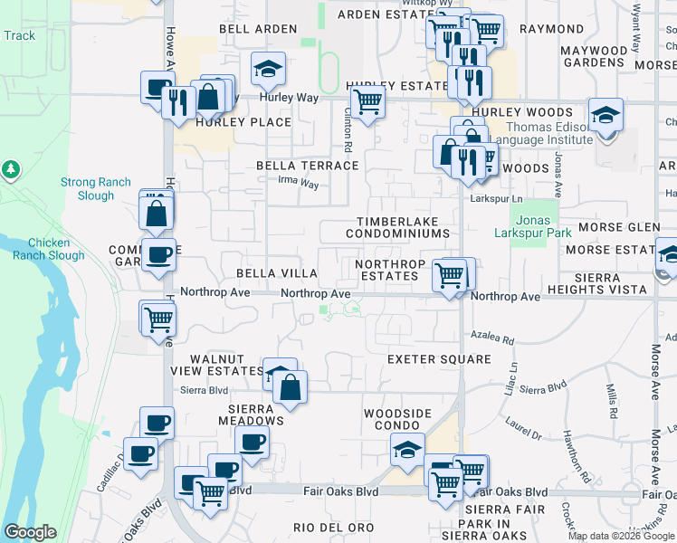 map of restaurants, bars, coffee shops, grocery stores, and more near 2345 Northrop Avenue in Sacramento