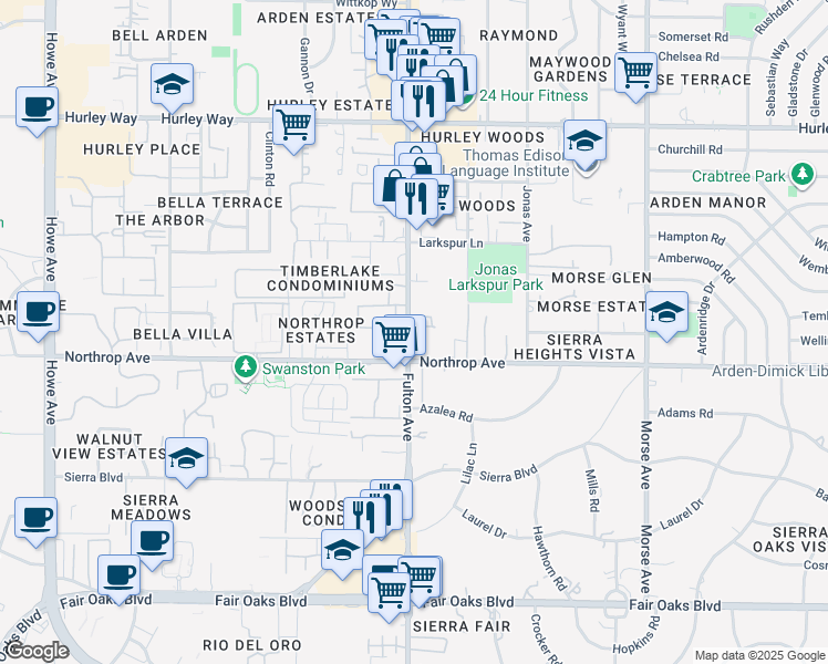 map of restaurants, bars, coffee shops, grocery stores, and more near 960 Fulton Avenue in Sacramento