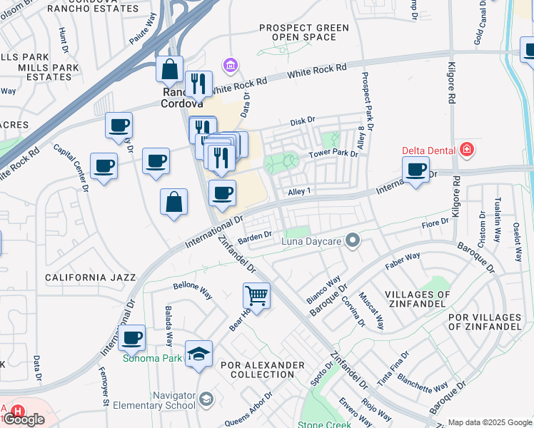 map of restaurants, bars, coffee shops, grocery stores, and more near 3188 Bridgeway Drive in Rancho Cordova