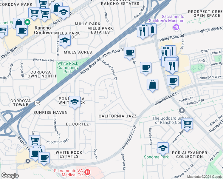 map of restaurants, bars, coffee shops, grocery stores, and more near 8 Capital Center Drive in Rancho Cordova