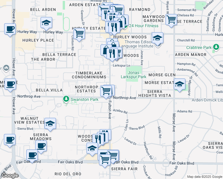 map of restaurants, bars, coffee shops, grocery stores, and more near 960 Fulton Avenue in Sacramento