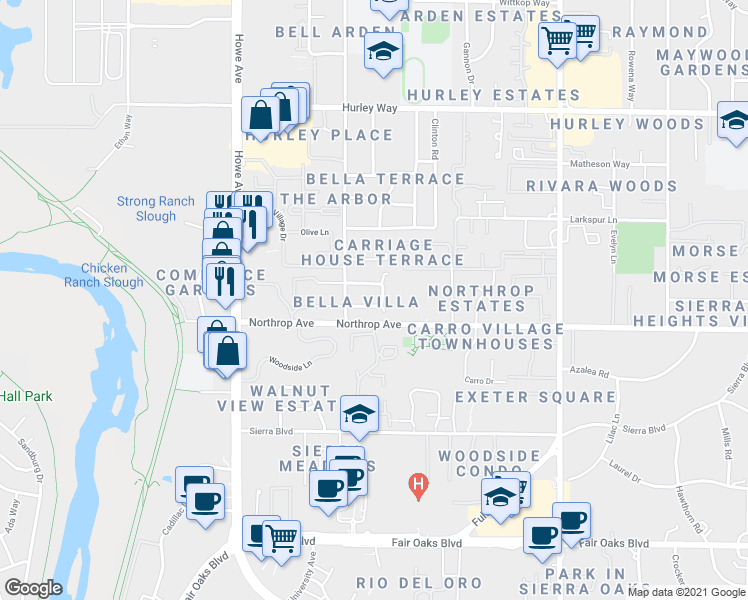 map of restaurants, bars, coffee shops, grocery stores, and more near 2352 Villanova Circle in Sacramento