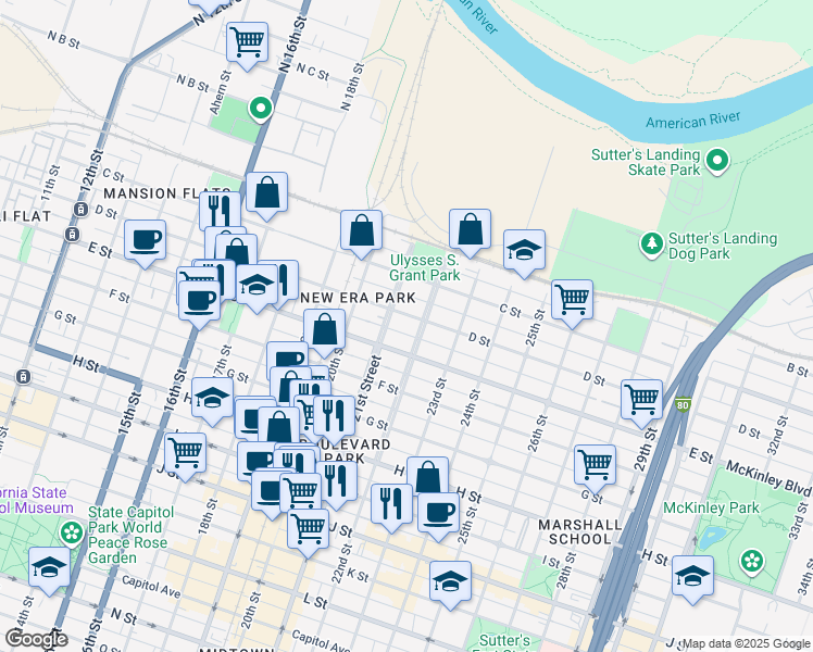 map of restaurants, bars, coffee shops, grocery stores, and more near 320 22nd Street in Sacramento