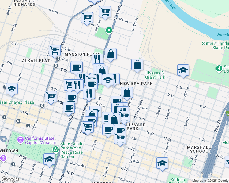 map of restaurants, bars, coffee shops, grocery stores, and more near 1717 E Street in Sacramento