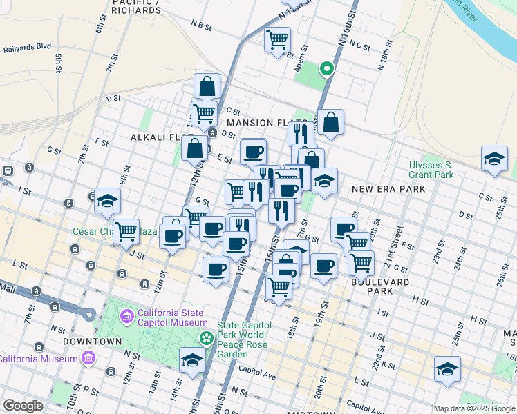 map of restaurants, bars, coffee shops, grocery stores, and more near 1423 F Street in Sacramento