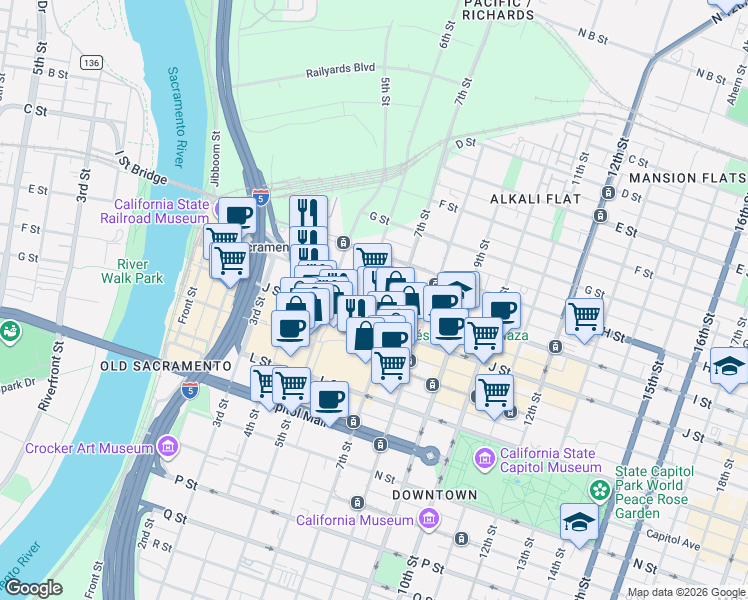 map of restaurants, bars, coffee shops, grocery stores, and more near in Sacramento