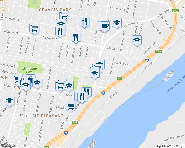 map of restaurants, bars, coffee shops, grocery stores, and more near 3938 South Broadway in St. Louis