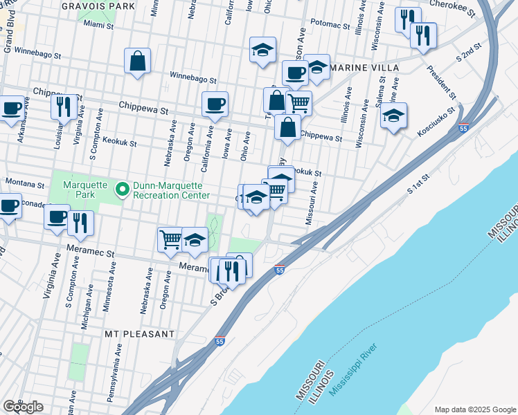 map of restaurants, bars, coffee shops, grocery stores, and more near 3938 South Broadway in St. Louis
