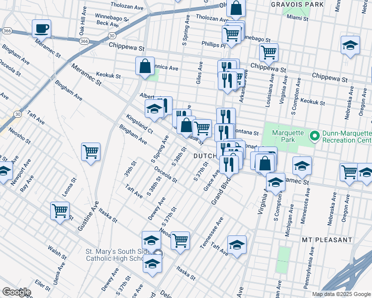 map of restaurants, bars, coffee shops, grocery stores, and more near in St. Louis
