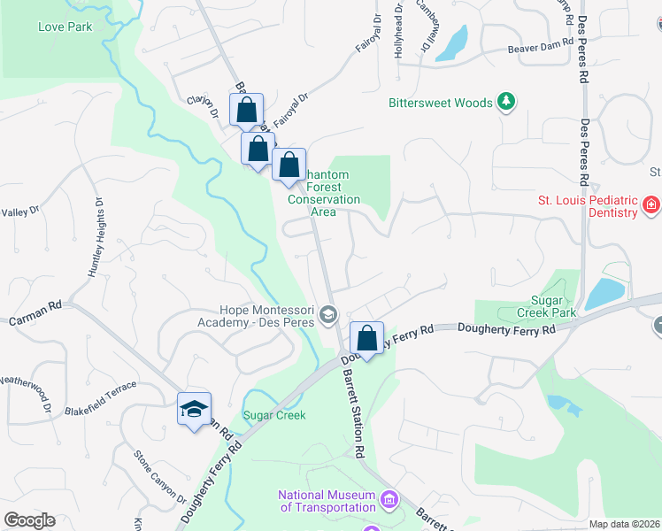 map of restaurants, bars, coffee shops, grocery stores, and more near 2751 Diamond Ridge Lane in Des Peres