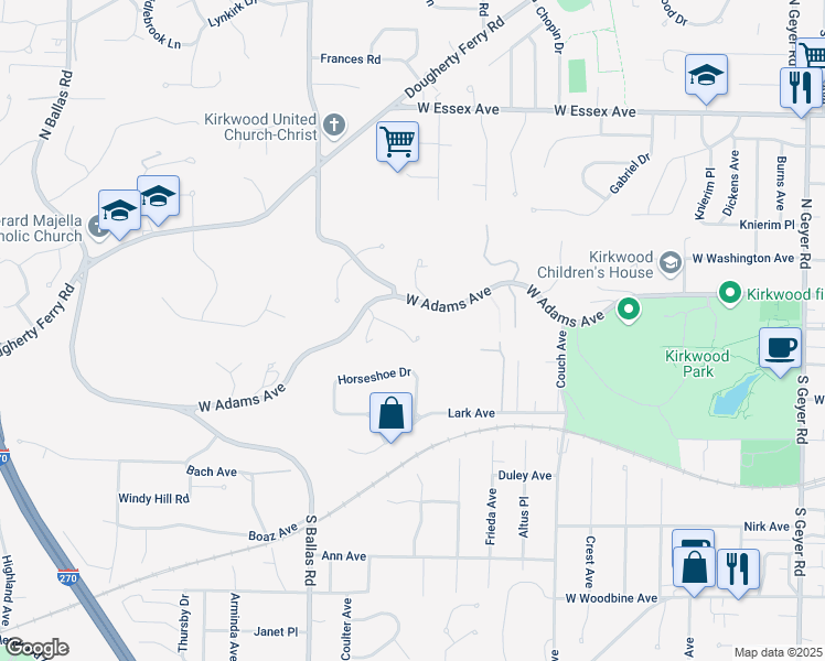 map of restaurants, bars, coffee shops, grocery stores, and more near 1398 West Adams Avenue in Kirkwood