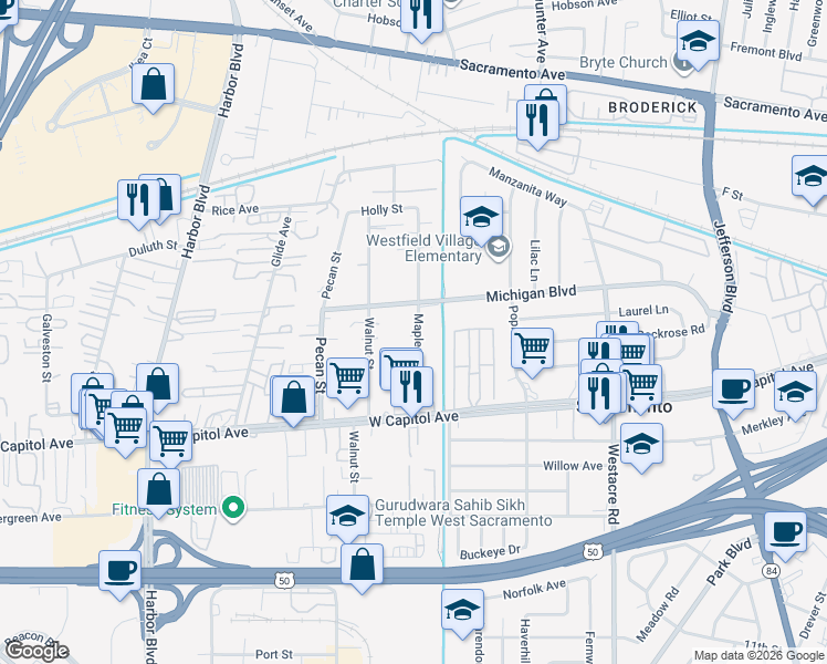 map of restaurants, bars, coffee shops, grocery stores, and more near 630 Maple Street in West Sacramento
