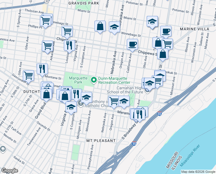 map of restaurants, bars, coffee shops, grocery stores, and more near 4016 Pennsylvania Avenue in St. Louis