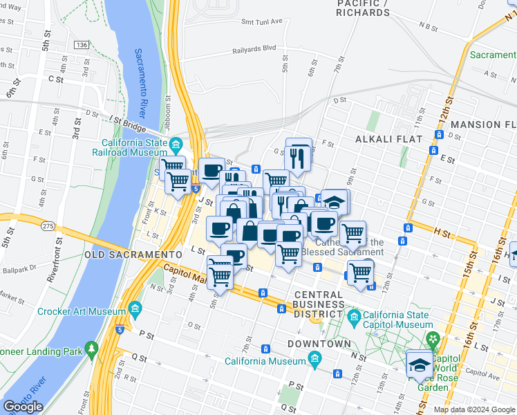 map of restaurants, bars, coffee shops, grocery stores, and more near 501 J Street in Sacramento
