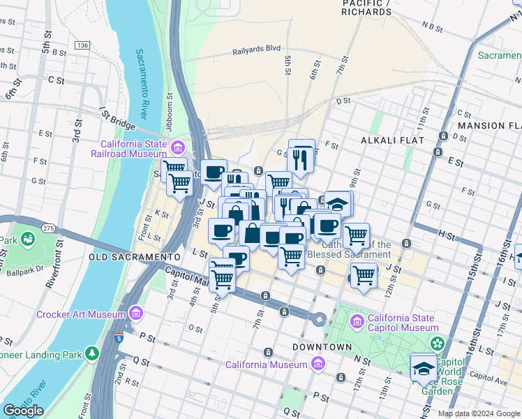 map of restaurants, bars, coffee shops, grocery stores, and more near 501 J Street in Sacramento