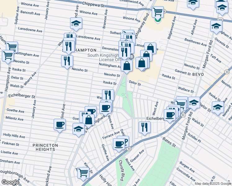 map of restaurants, bars, coffee shops, grocery stores, and more near S Kingshighway Blvd & Delor St in St Louis