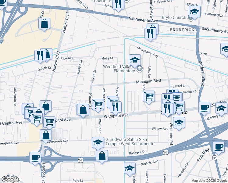 map of restaurants, bars, coffee shops, grocery stores, and more near 2219 Michigan Boulevard in West Sacramento