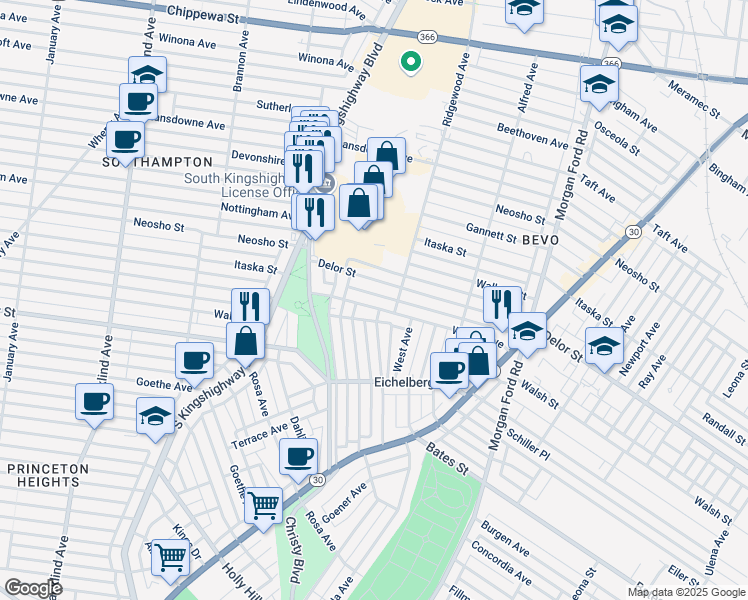 map of restaurants, bars, coffee shops, grocery stores, and more near 4646 Delor Street in St. Louis