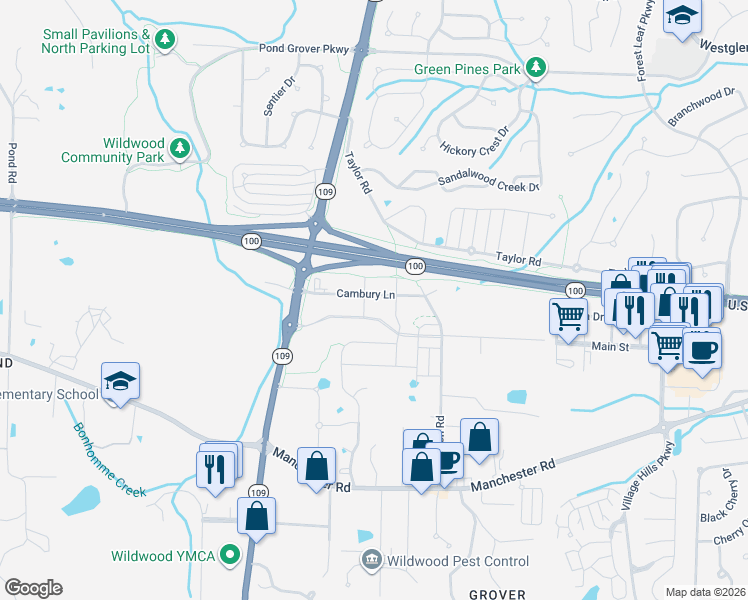 map of restaurants, bars, coffee shops, grocery stores, and more near 2409 Larksong Drive in Wildwood