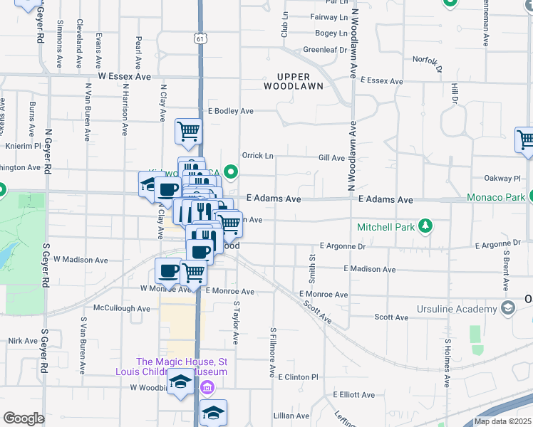 map of restaurants, bars, coffee shops, grocery stores, and more near 235 East Jefferson Avenue in Kirkwood