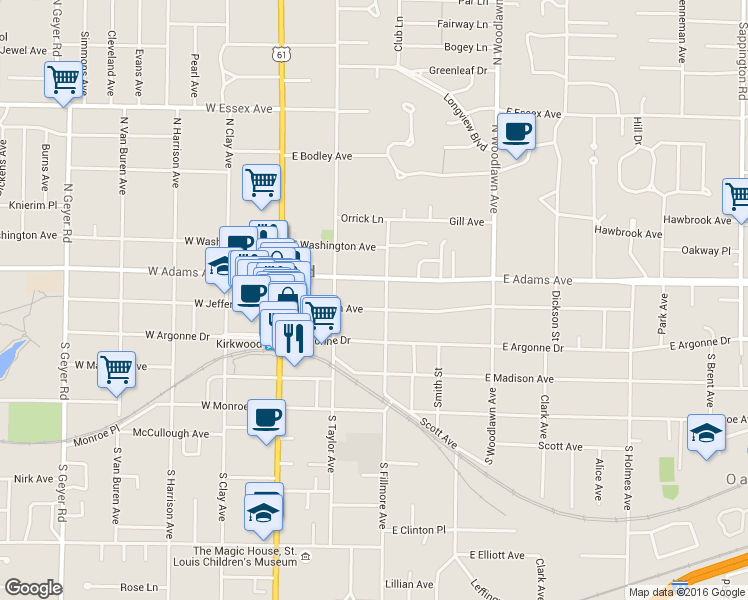 map of restaurants, bars, coffee shops, grocery stores, and more near 235 East Jefferson Avenue in Kirkwood