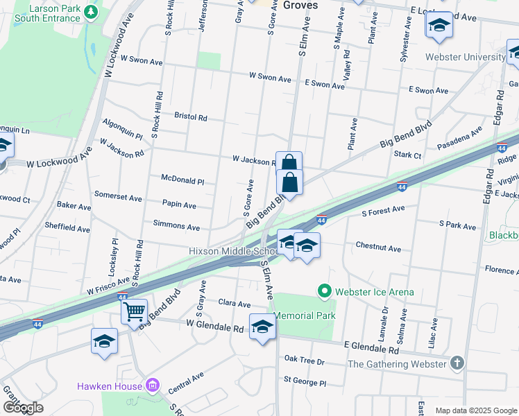 map of restaurants, bars, coffee shops, grocery stores, and more near 465 Alma Avenue in Webster Groves