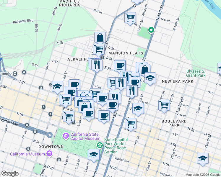 map of restaurants, bars, coffee shops, grocery stores, and more near 1325 G Street in Sacramento