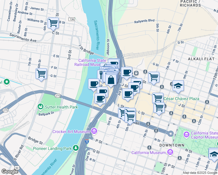 map of restaurants, bars, coffee shops, grocery stores, and more near 1024 2nd Street in Sacramento