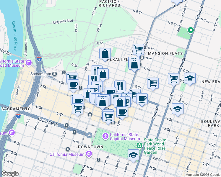map of restaurants, bars, coffee shops, grocery stores, and more near H Street & 10th Street in Sacramento