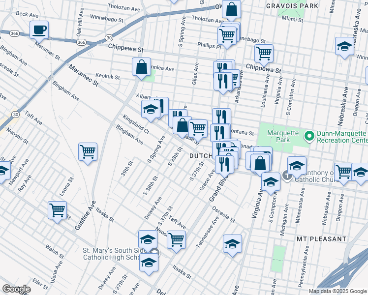 map of restaurants, bars, coffee shops, grocery stores, and more near in St. Louis